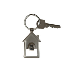 Key with house shape metallic trinket isolated on white background - real estate ownership concept