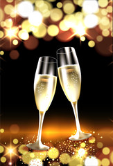 Two glasses of champagne against bokeh lights background. Christmas and New Year celebation card 