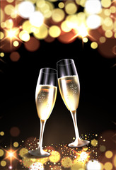 Two glasses of champagne against bokeh lights background. Christmas and New Year celebation card. Vector Illustration