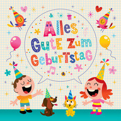 Obraz na płótnie Canvas Alles Gute zum Geburtstag Deutsch German Happy birthday greeting card with little boy and girl pets puppy and kitten