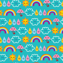 Fototapeta na wymiar cute sun umbrella raindrop clouds rainbow characters seamless pattern