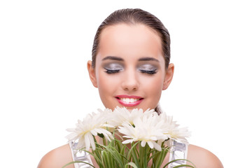 Woman with flower isolated on white