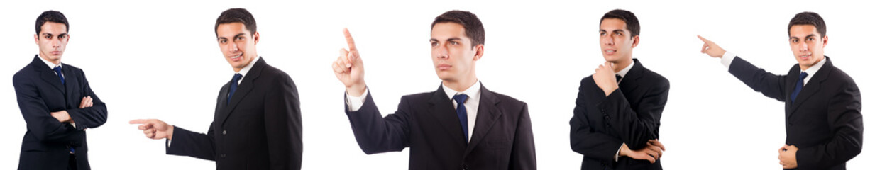 Businessman pressing virtual buttons on white