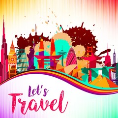 Travel and tourism on skyline background  splash paint violet and yellow, red, beautiful colorful architecture