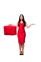 Woman with suitcase isolated on white background