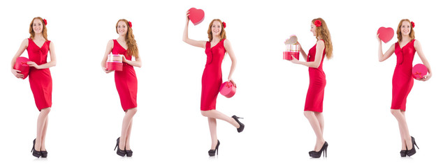 Red dress woman holding gift box isolated on white