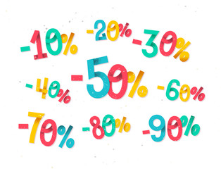 Colorful discount percentages, fun  childish folded paper style numbers for sales promotions and discounts in retail industry