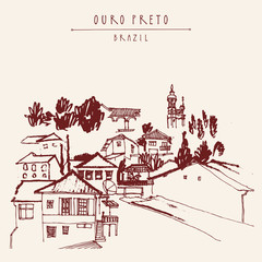 Fototapeta premium Houses and churches on the hills of Ouro Preto gorgeous town, Minas Gerais state, Brazil, South America. Vintage hand drawn postcard, book illustration or poster