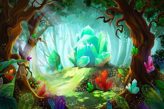 The Legend of Diamond and Crystal Forest. Video Game's Digital CG Artwork, Concept Illustration, Realistic Cartoon Style Background
