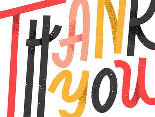 Thank you greeting card, colorful custom lettering that expands beyond the frame