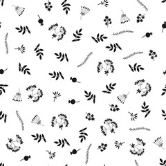 Black and white floral seamless pattern with flowers, leaves.