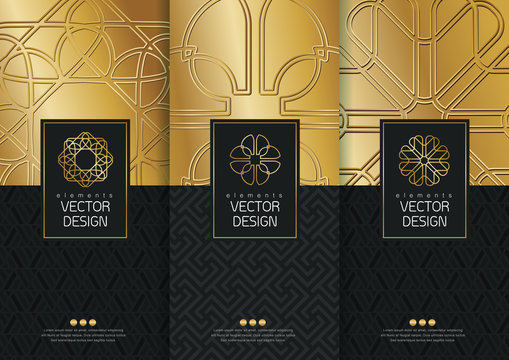 Vector set of templates packaging,black labels and frames for packaging for luxury products in geometric trendy linear style,identity,branding,golden pattern in trendy linear style,vector illustration