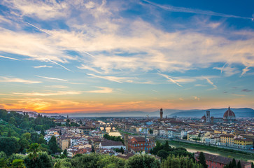 Fototapeta na wymiar Florence (Italy) - The capital of Renaissance's art and Tuscany region. The landscape at sunset from Piazzale Michelangelo terrace.