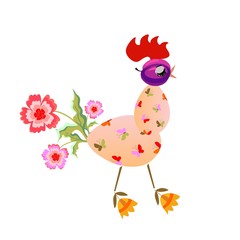 Funny cock of two eggs, plum and flowers. Childish design. Chinese year of the rooster. 2017. Drawing for children. Vector image. Greeting card.