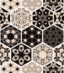 Monochrome oriental seamless patchwork pattern. Hexagonal ceramic tile. Boho shic style. Vector illustration. - obrazy, fototapety, plakaty