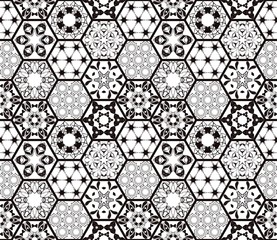 Oriental seamless patchwork pattern. Hexagonal ceramic tile. Black and white. Vector illustration. - obrazy, fototapety, plakaty