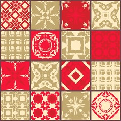 Glazed bohemian tiles with hand drawn elements. Patchwork pattern. Vector illustration.