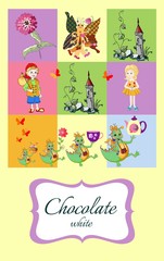 Fabulous chocolate. Packaging Layout. Flower, towel, boy, girl, butterfly, fantasy dragons with teapot, teacup and cake. Vector illustration.