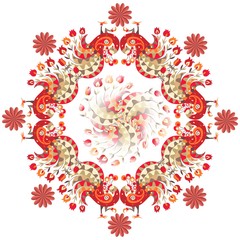 Peacocks and flowers on white background. Vector illustration of colorful shawl. Ornamental bandana or silk neck scarf. Kerchief square pattern.