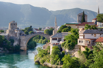 Fototapeta na wymiar Reconstructed Old Bridge of Mostar on river Neretva. Bosnia and