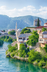 Fototapeta na wymiar Reconstructed Old Bridge of Mostar on river Neretva. Bosnia and