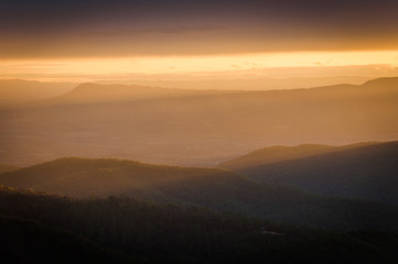 Colorful spring sunset over the Blue Ridge Mountains, seen from