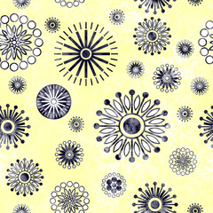 art vintage stylized geometric flowers seamless pattern, monochr