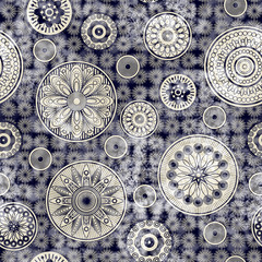art vintage stylized geometric flowers seamless pattern, monochr