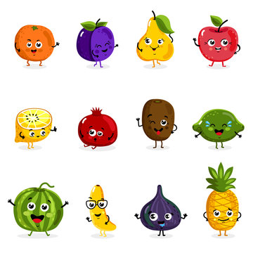 Cartoon funny fruits characters isolated on white background vector illustration. Funny fruit face icon.