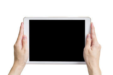 Close up hand woman holding tablet on isolated white with clippi