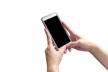 Close up hand woman holding phone and touchscreen on isolated wh