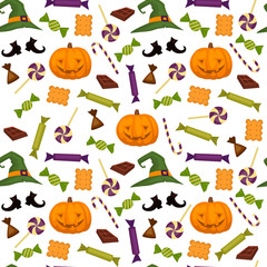 Halloween pattern background. Pumpkin, treats, magic hand vector illustration.