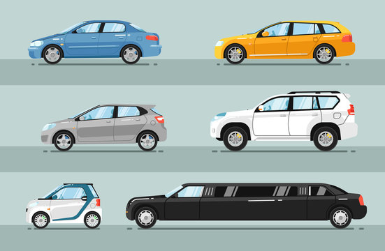 Different passenger cars. Sedan, universal, hatchback, off-road, SUV, mini, limousine car body types vector illustrations set. For auto shops, salon ad, transport concepts, infographics design