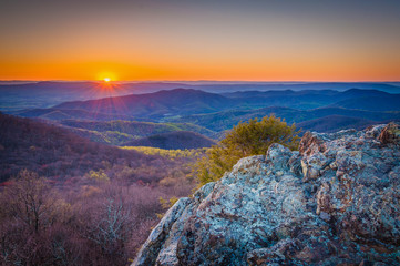 Sunset over the Blue Ridge from Bearfence Mountain, in Shenandoa