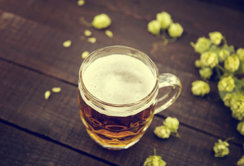 Draft cold beer in glass jar with green ripe hop cones on black