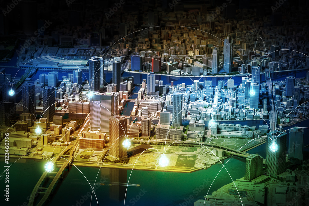 Aufkleber smart city diorama and wireless sensor network, sensor node and connecting line, information communication technology, internet of things, abstract image visual