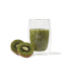 Fototapeta na wymiar Kiwi smoothie beverage in glass with fruit halves isolated on square white background with shadow