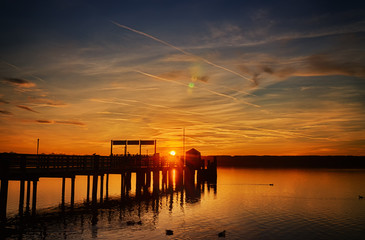 Steg See Sonnenuntergang Stimmung Sommer Ammersee Bayern Abendrot