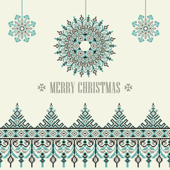 Vector template card Merry Christmas in traditional style. New Years winter background pixel ornament.