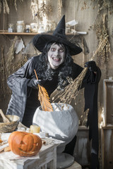 Halloween witch preparing potion in the boiler
