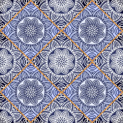 Colorful floral seamless pattern from different rhombus with mandala in patchwork boho chic style, in portuguese and moroccan motif. Hand drawn vector stock illustration