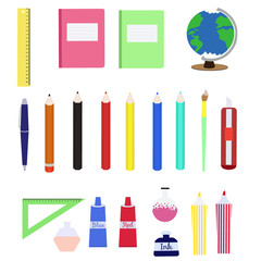 Set of colorful school supplies in flat style.