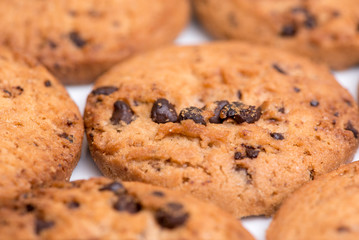 Macro closeup detail of multiple, freshly-baked chocolate chip cookies. Bakery background.