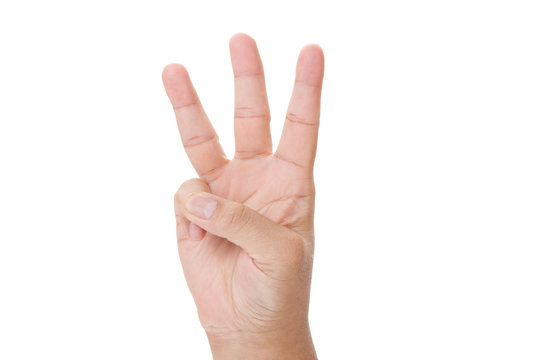 Hand shown three finger symbol on isolated white background for