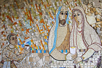 Colorful mosaic in the patio of Polloc church. A very nice modern art craftsmanship.