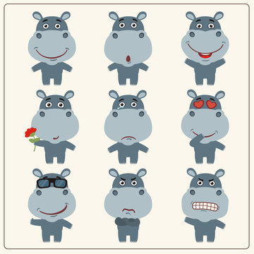 Vector set isolated emotion hippo. Collection cute hippo in cartoon style.