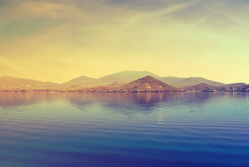 View from the deck of cruise ship on the coast of the gulf Pagas