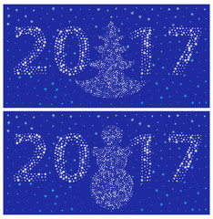 Simple templates postcards 2017 New Year (Two thousand and seventeen). White digits of snowflakes on a blue background.