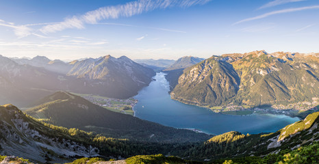 Aerial view over lake Achensee in summer, Austria Tyrol - obrazy, fototapety, plakaty