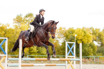 Obraz premium Young horse rider girl on equestrian competition